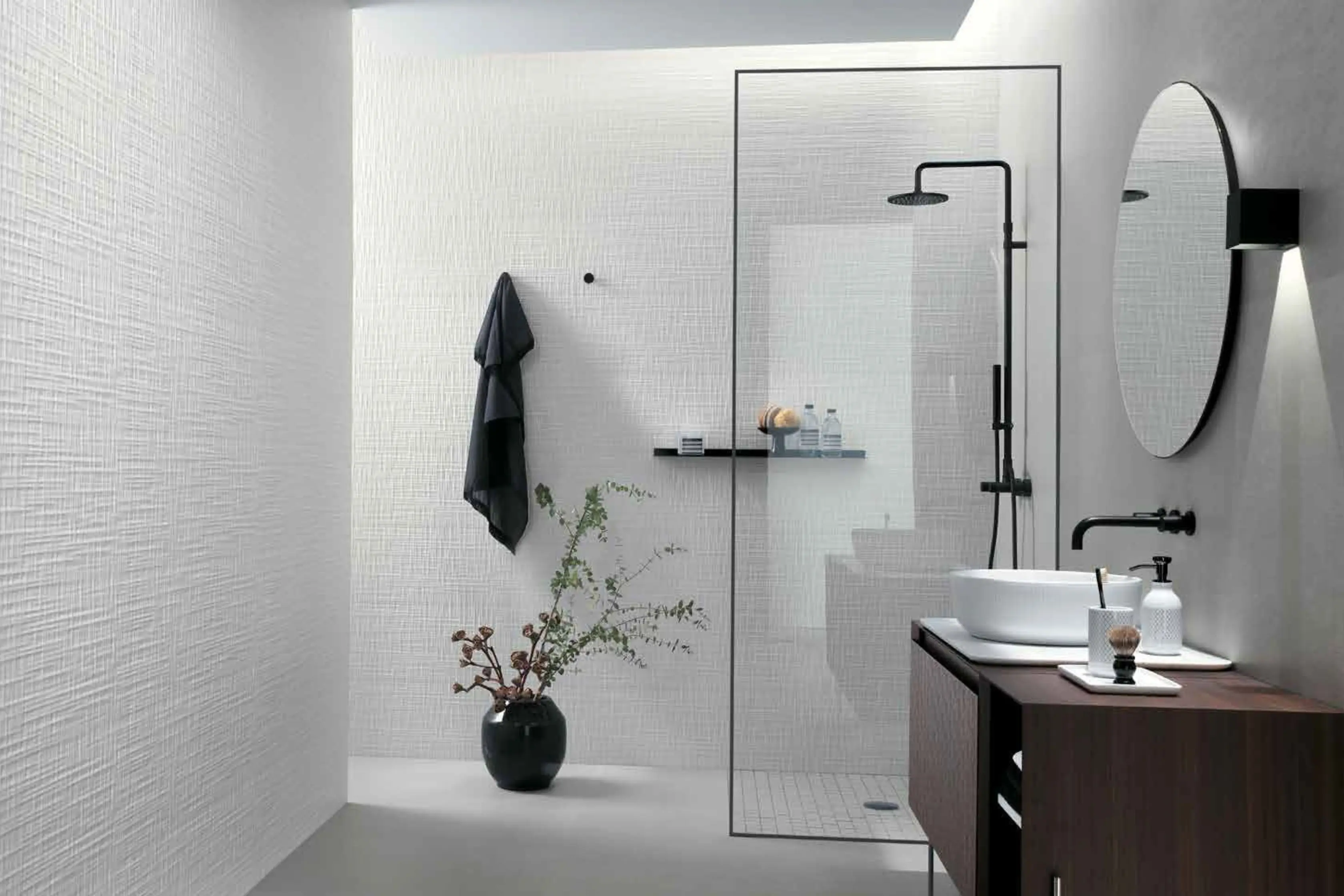 Textured Walls In White Bathroom